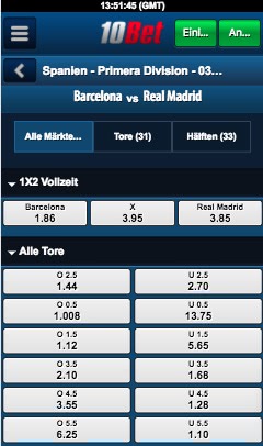 Quoten zu El Clasico Barcelona vs. Real Madrid in der 10bet App