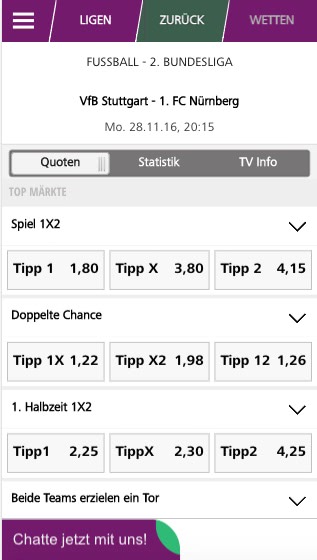 Quoten zu Stuttgart vs. Nürnberg in der HappyBet App