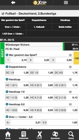 xTip Sportwetten App Quoten zu Würzburger Kickers vs. St. Pauli