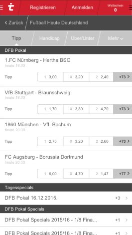 Quoten auf der Tipico App zum DFB Pokal Achtelfinale