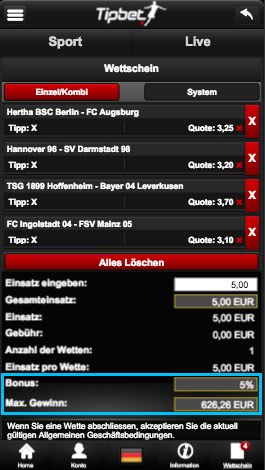 Beispiel Wettschein Kombi Bonus von Tipbet