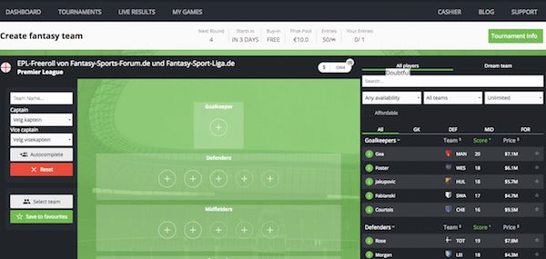 Aufstellung des Fantasy Teams bei Fanteam