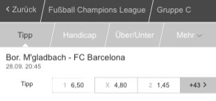 Champions League Quoten Gladbach vs. Barcelona Tipico