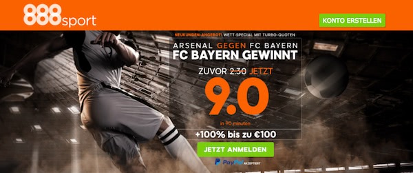 Erhöhte Quoten zum CL-Spiel Arsenal vs. Bayern München bei 888sport