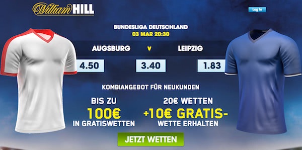 10€ Gratiswette zu Bundesliga-Spiel Augsburg vs. Leipzig bei William Hill