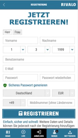 Anmeldung auf der mobilen Version von Rivalo