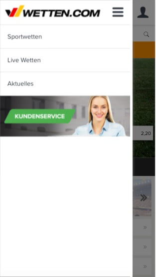 Menü vom Wetten.com App Download