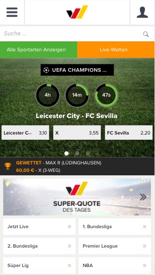 Startseite der Wetten.com mobile App