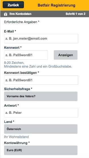 Registrierung in der Betfair iPhone und Android App