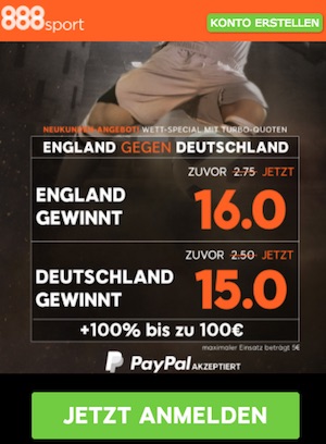Quotenboost bei 888sport zu England - Deutschland bei 888sport