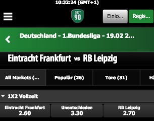 Eintracht Frankfurt vs. RB Leipzig: Die Quoten in der 90Bet App