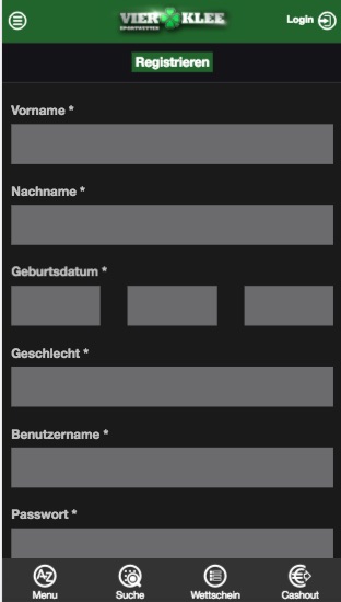 Registrierung in der mobile Vierklee Sportwetten App