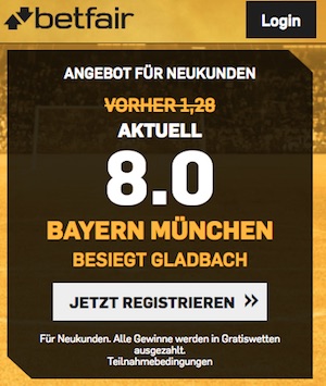 Quote 8,0 auf Bayern München besiegt Gladbach bei Betfair
