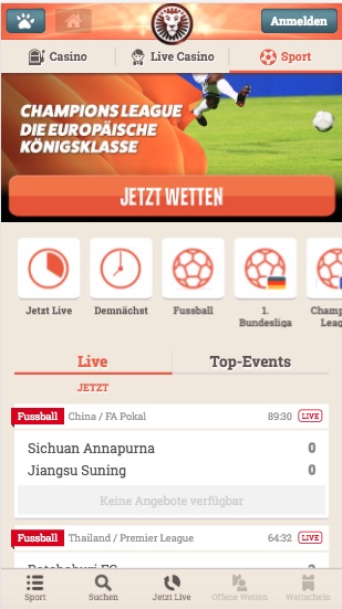 Mobiles Sportwetten App Menü von LeoVegas