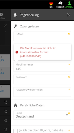 Screenshot der Registrierung bei Neobet