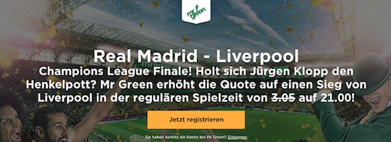 Quotenboost zum CL Finale zwischen Real Madrid und Liverpool bei Mr Green