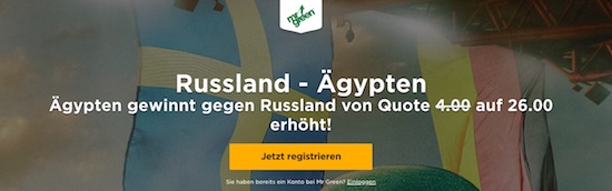 Mr Green Quoten-Boost zur WM 2018 Partie Russland vs. Ägypten