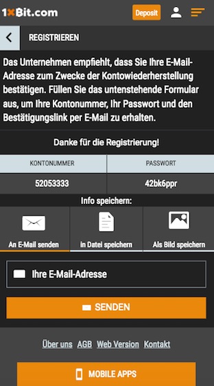 Registrierung in der 1xBit App für Android & iPhone