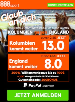 WM 2018 Quotenboost bei 888sport zu Kolumbien vs. England