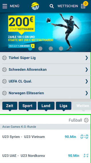 Startseite der Sportwetten.de App