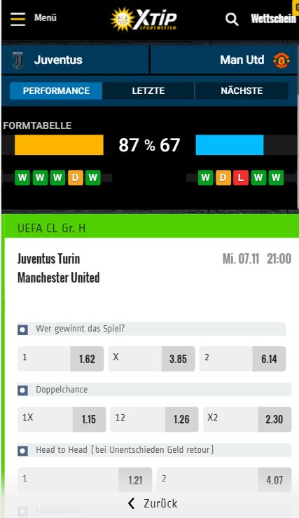 Quoten zu Juventus vs. Manchester United bei Xtip