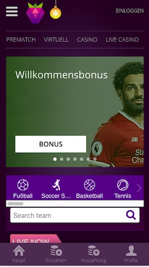 Startseite der MalinaSports App