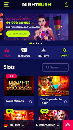 Startseite der Nightrush mobile App