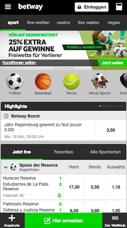 Mobile Startseite der Betway App