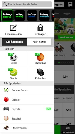 Menü von Betway mobile