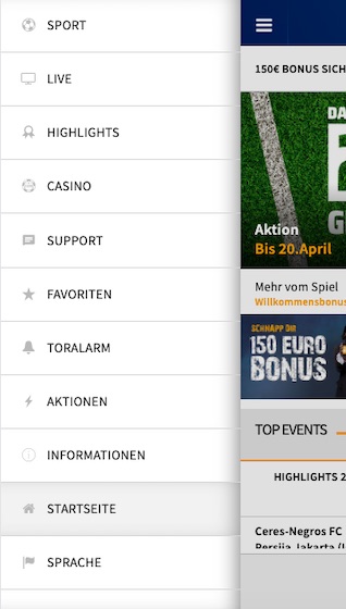 Menü der Bet3000 App