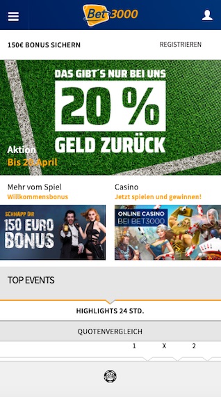 Startseite der Bet3000 App