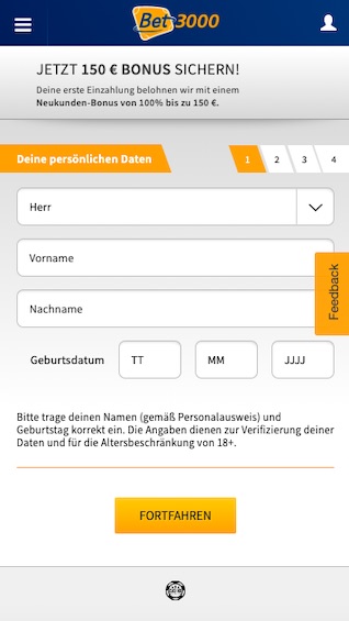 Registrierung Bet3000 App