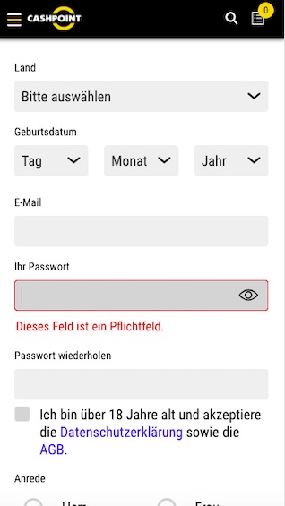 Cashpoint App mobile Registrierung