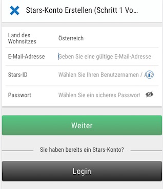 Registrierung in der Betstars Android und iPhone App