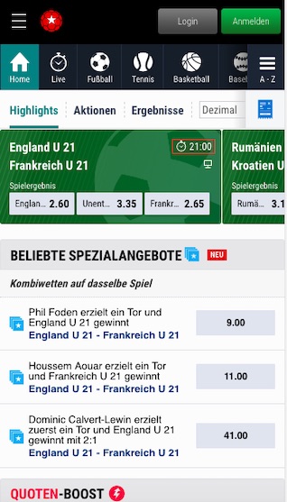 Startseite der Betstars App