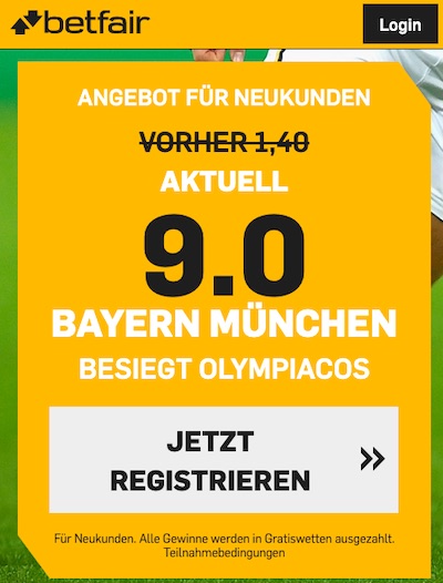 Betfair Quote zum CL Spiel Bayern - Olympiakos