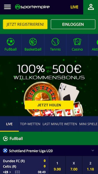 Startseite der Sportempire App