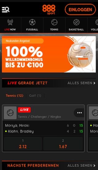 Startseite der 888sport Wett App