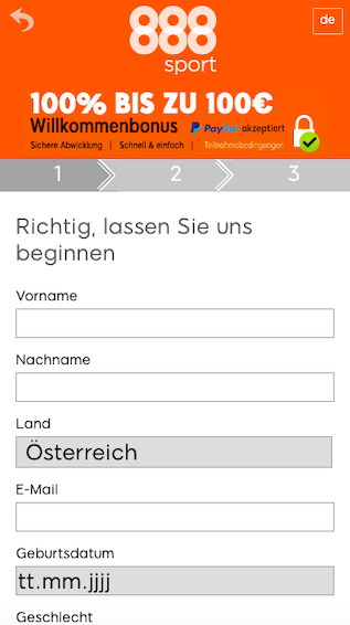 Registrierung in der 888 sport App