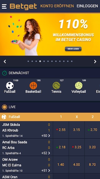 Startseite der mobile Betget App
