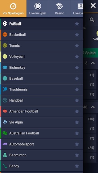 Betget App Menü