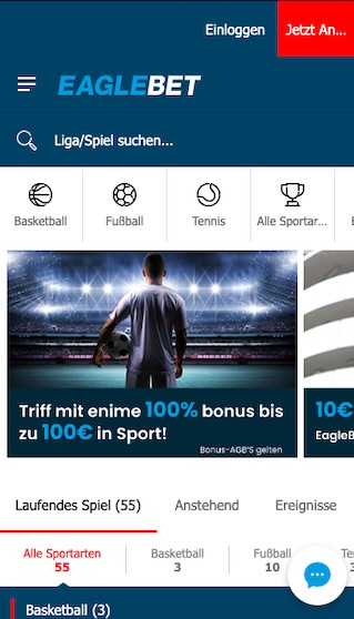 Startseite der Eaglebet App