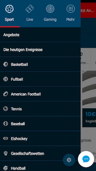 Eaglebet App Menü