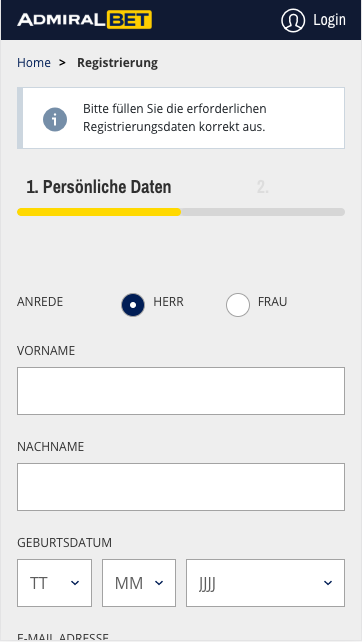 Registrierung in der Admiralbet Wett App