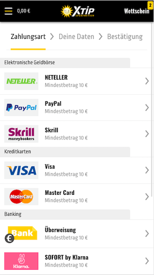 Einzahlungsmöglichkeiten in der XTip App