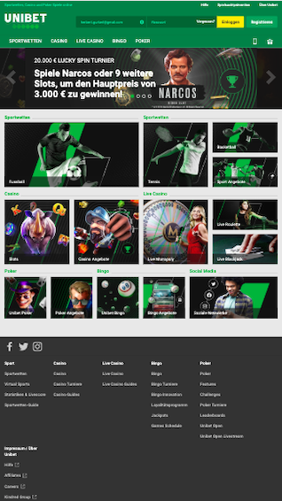 Home-Seite zur Unibet mobile App zum Download