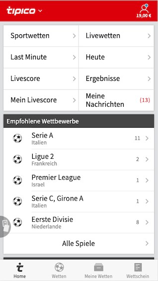 Das Menü der Tipico Sportwetten App