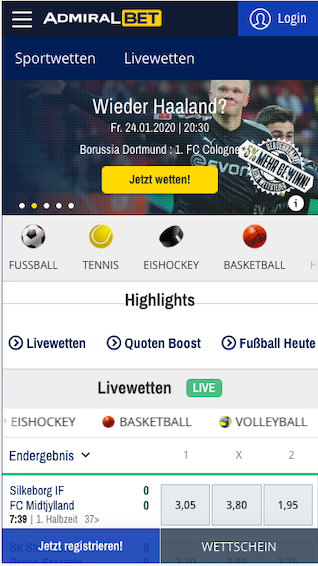 Startbildschirm der Admiralbet Wett App