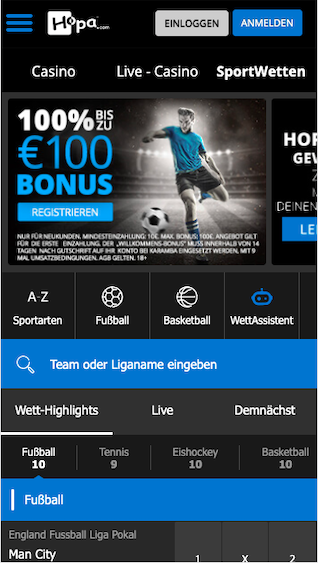 Startseite der Hopa Sportwetten App