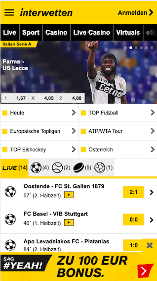 Interwetten mobile App Startseite